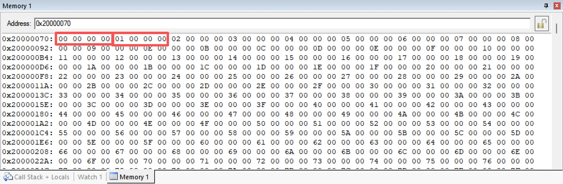 图2-12 通过Memory1窗口查看单片机内存情况